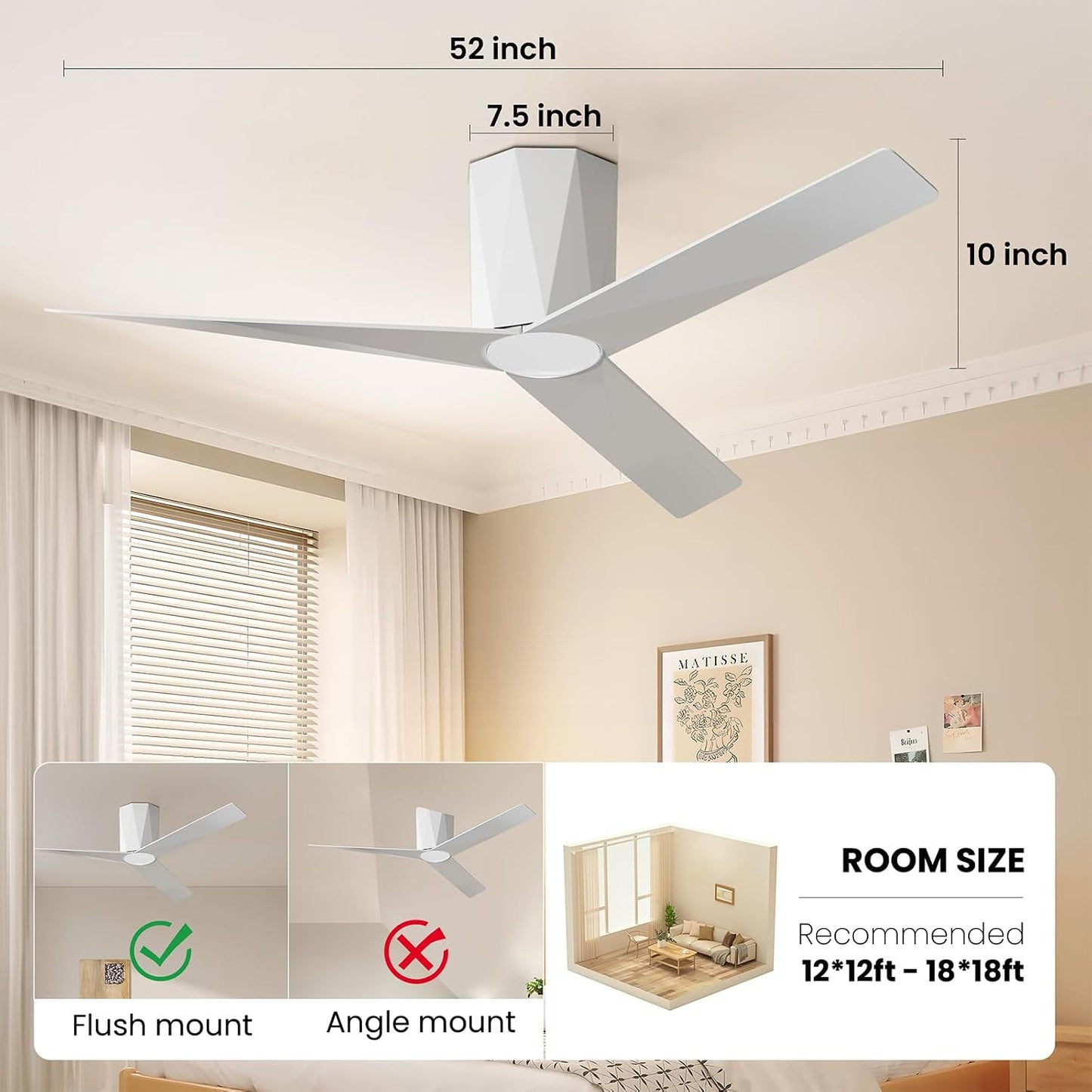 Ventilador techo 52pulg LED regulables motor DC silencioso