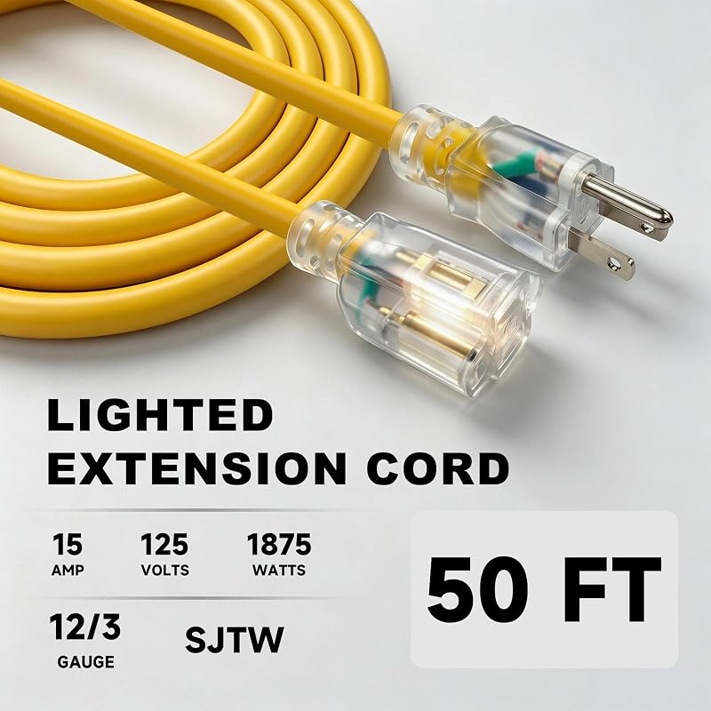 Cable extensión SJTW 50 ft exterior 15A 125V amarillo