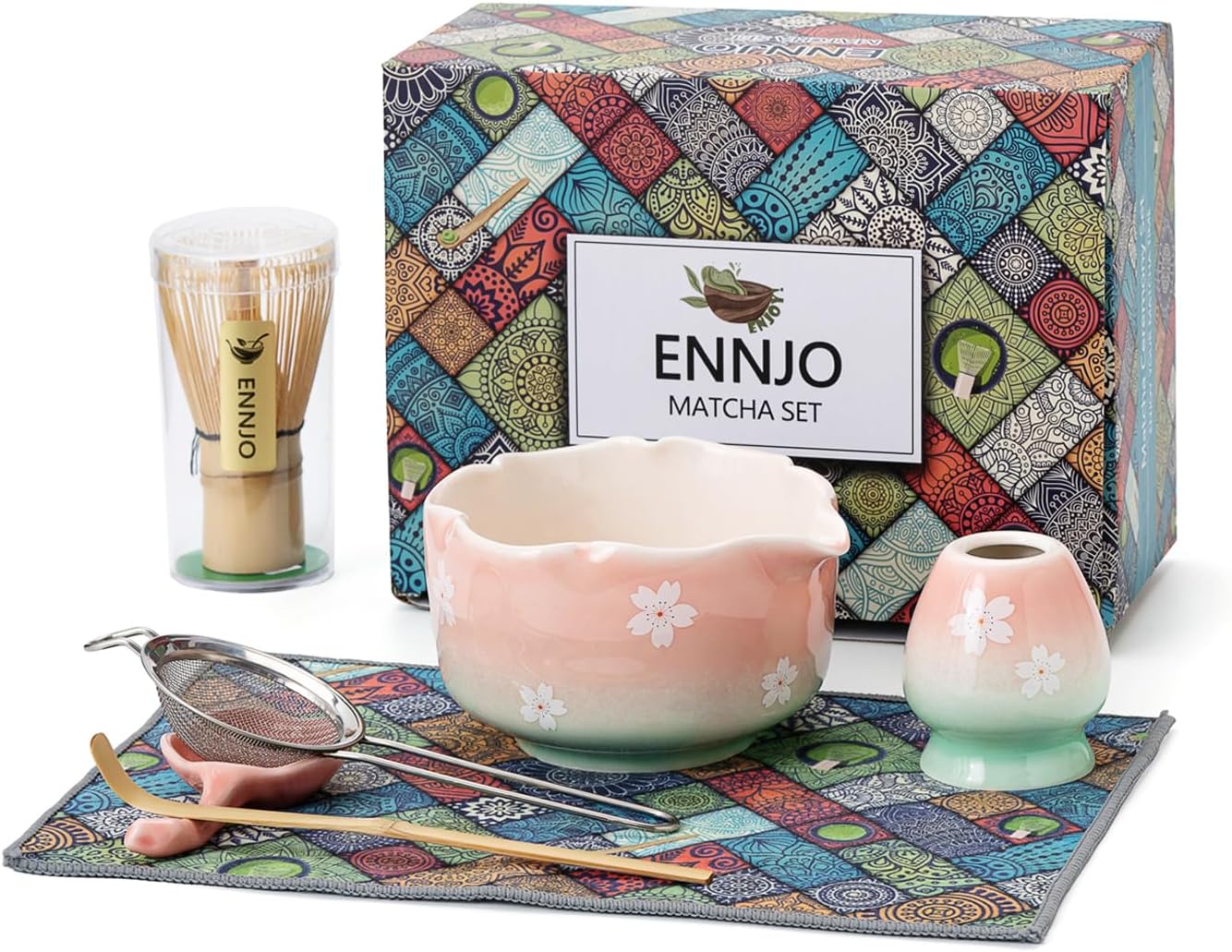 Set 7 Batidores Matcha Cerámica Bambú Acero Inox Soporte