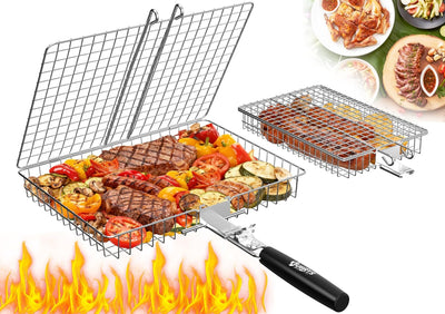 Cestas parrilla al aire libre 2 pzas mango madera acero inox
