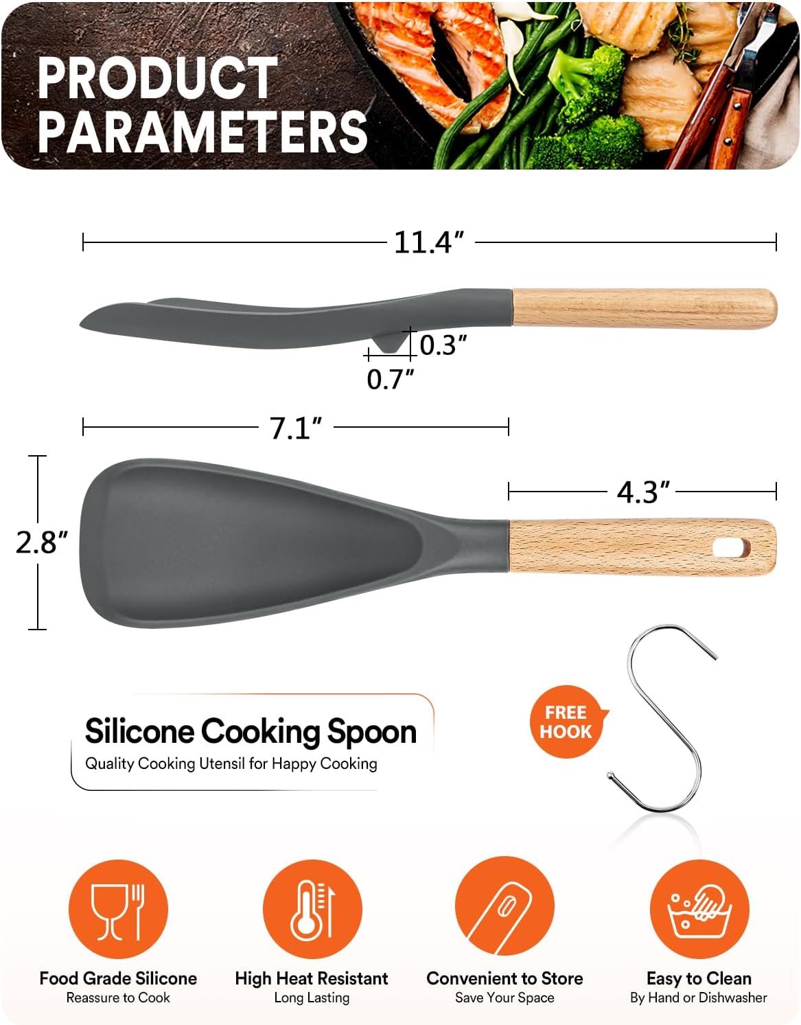 Cuchara silicona mate antiadherente con mango madera 11.4pulg gris