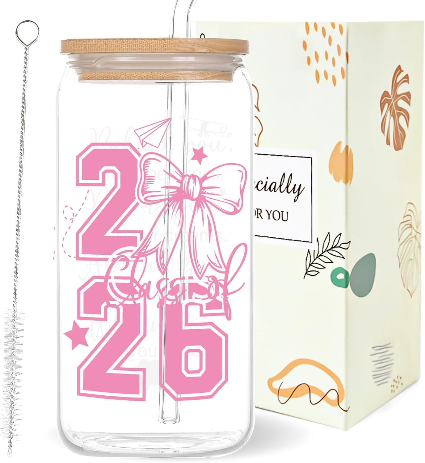 Taza Vidrio Rosa 16oz Con Tapas Pajita Regalo Graduación