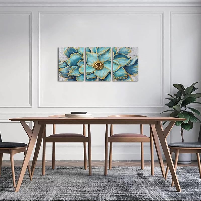 3 Pzas Pintura Flores Verde Azulado Dorado Arte Pared