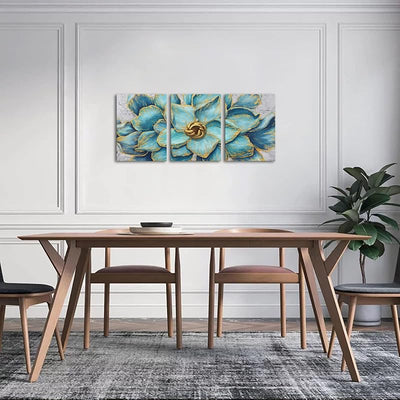3 Pzas Pintura Flores Verde Azulado Dorado Arte Pared