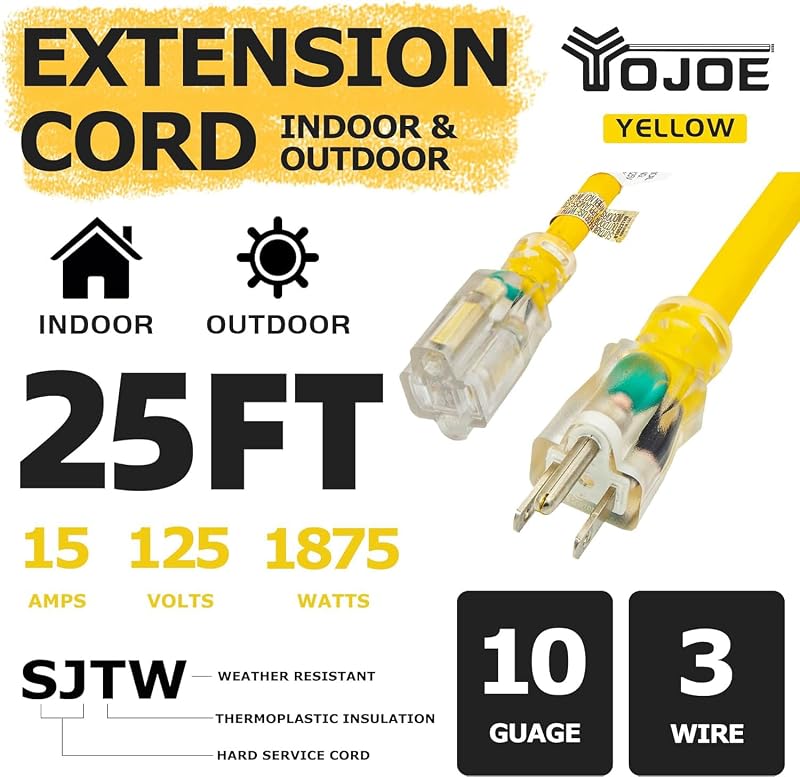 Cable extensión 25 ft 15A resistente amarillo con extremo