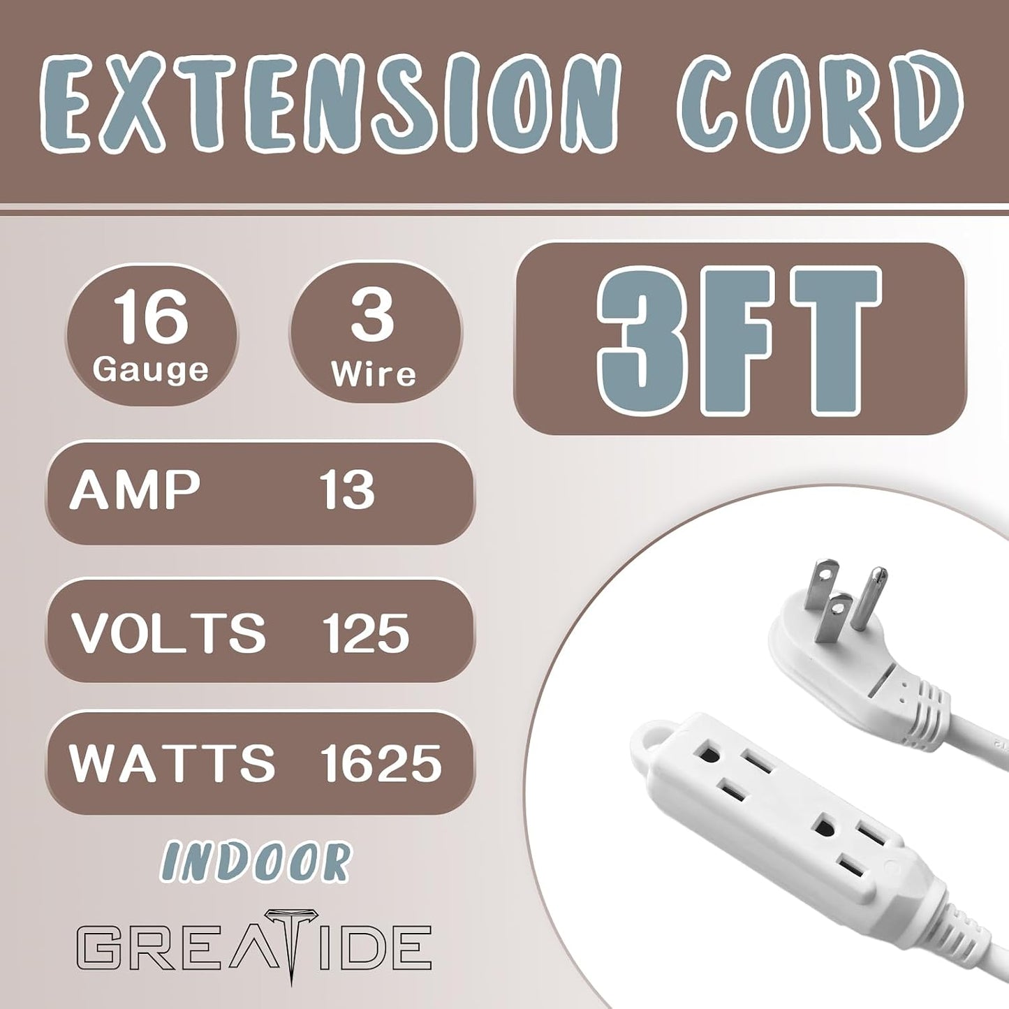 Cable extensión plano 3 pies SJT 16/3 3 salidas 45° blanco