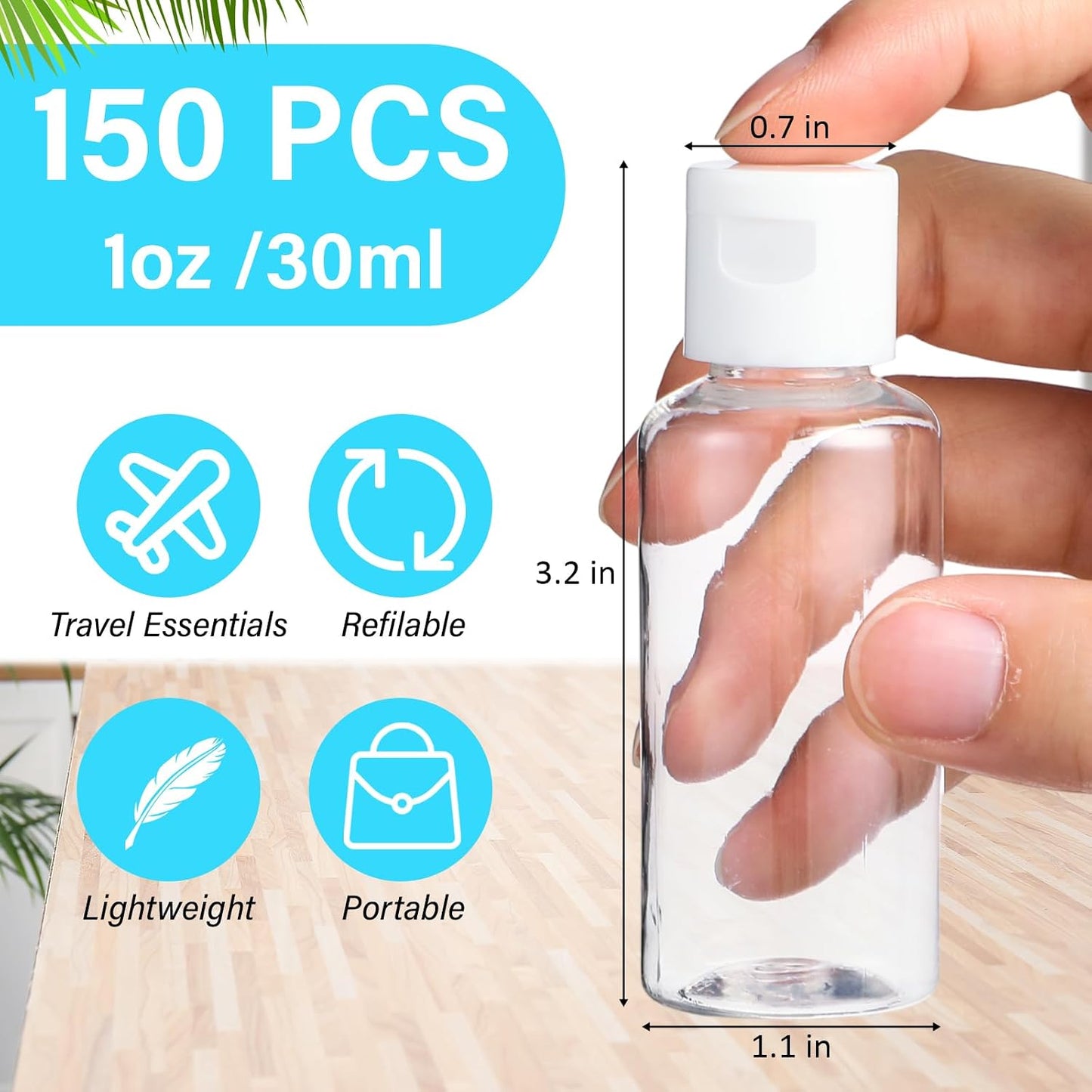 150 Botellas Viaje 1oz Transparentes Recargables Tapa Blanca