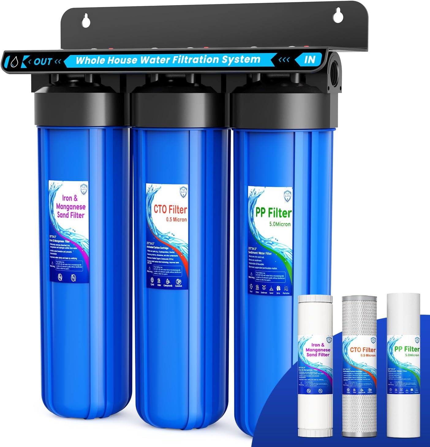 Sistema filtro agua 3 etapas 20x4.5pulg reducir hierro cloro