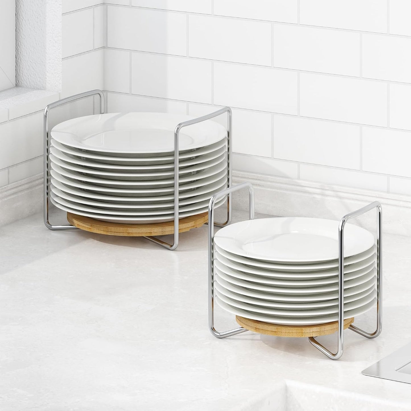 Organiz. platos encimera cocina bambú acero inox 304 set 2