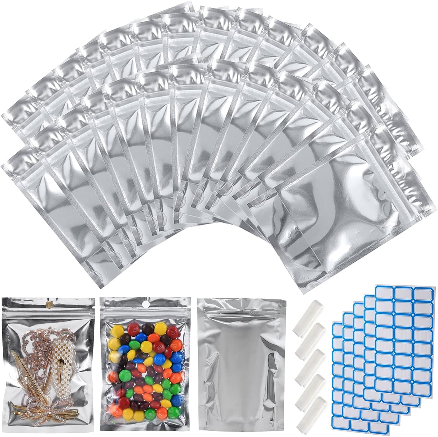 150 Bolsas Mylar Resellables 4.7x8" Aluminio Plateado