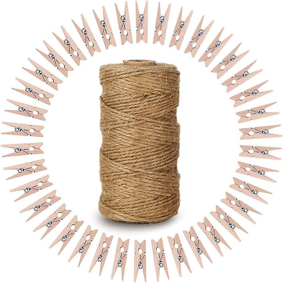 Cordel yute 328ft con 100 pinzas madera para ropa y fotos