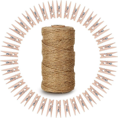Cordel yute 328ft con 100 pinzas madera para ropa y fotos