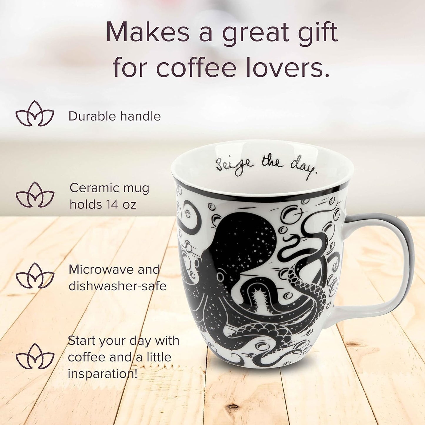 Taza cerámica bohemia 16oz diseño pulpo blanco y negro