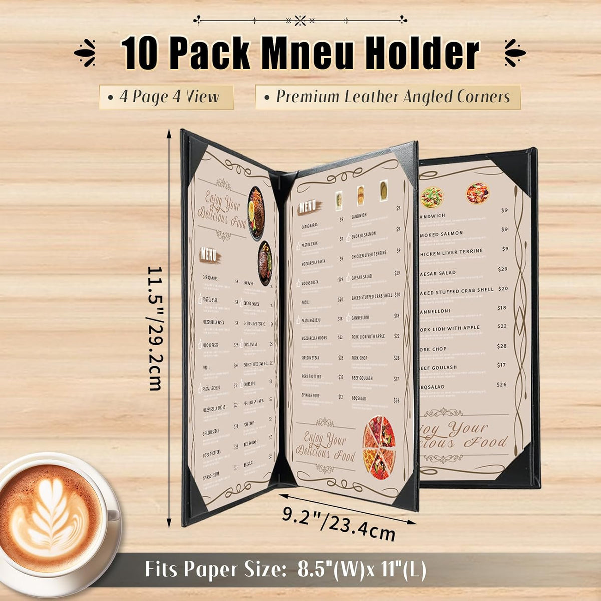 Pack 12 Fundas Menú Cuero Sintético Negro 8.5x11pulg