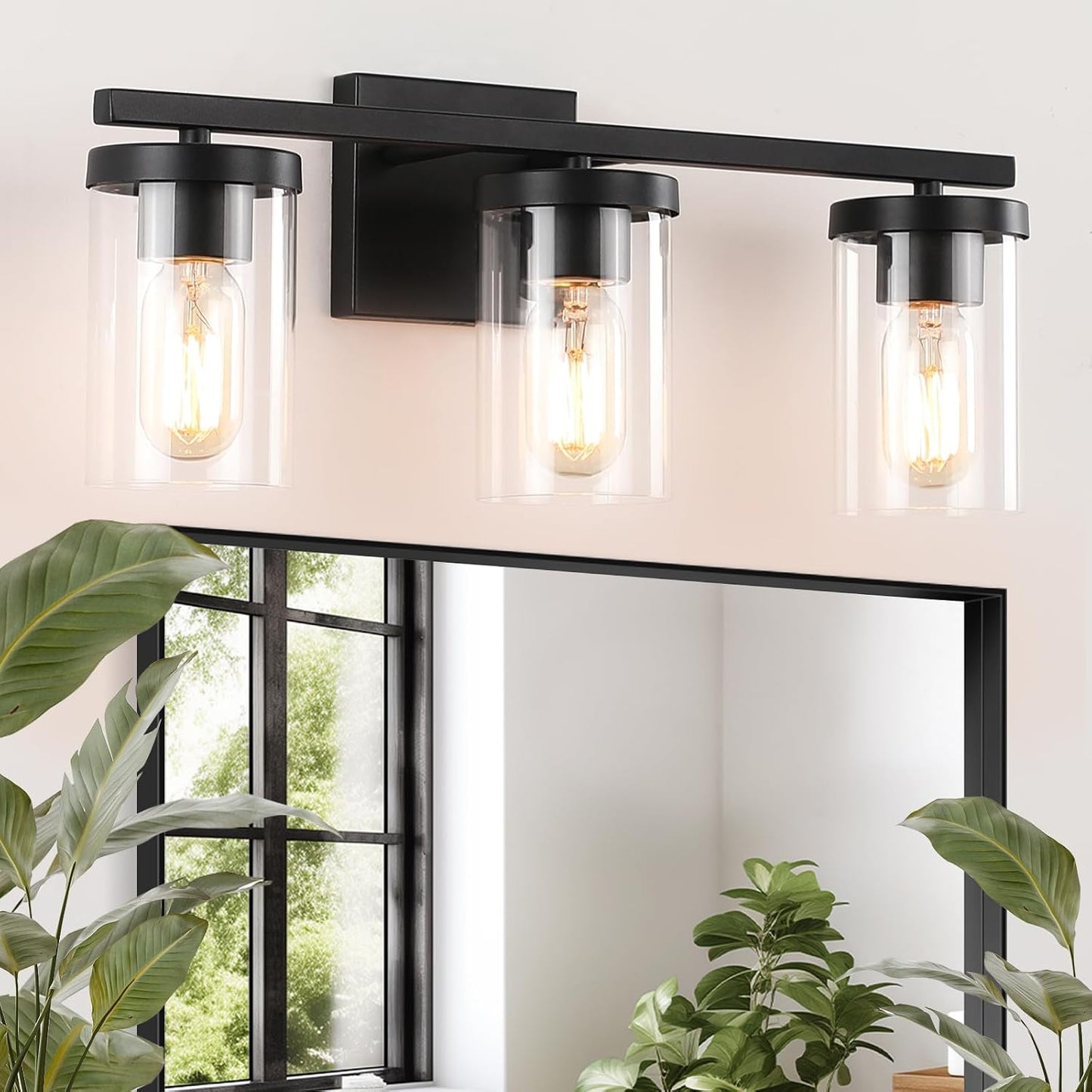 Lámpara baño 20pulg 3 luces negro mate vidrio transparente