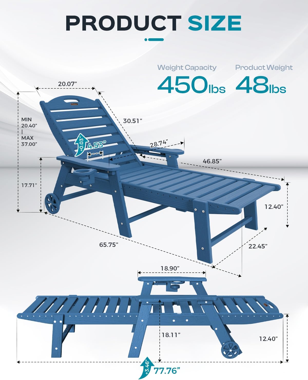 Silla chaise lounge exterior 5 posiciones HDPE azul