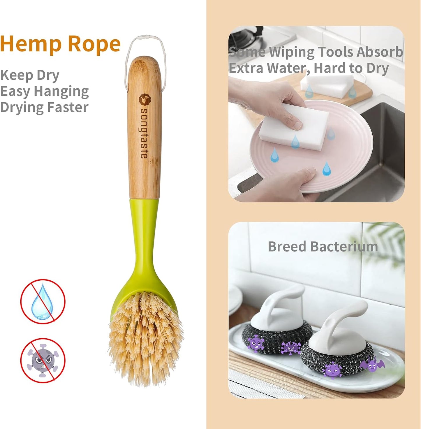 2 Pzas Cepillo Cocina Bambú Raspador Integrado