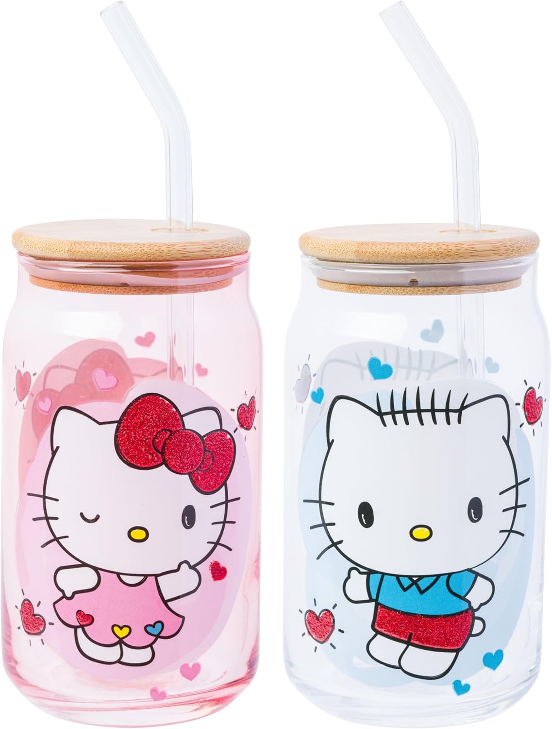 2 Vases Vidrio Hello Kitty Purpurina Tapa Bambú Popote 16oz