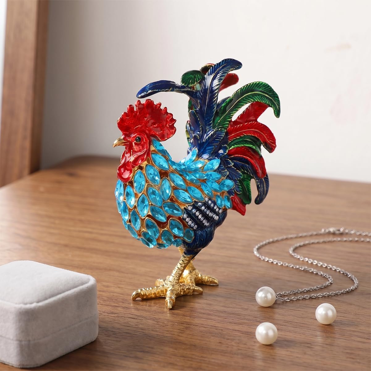 Joyero esmaltado bisagras adornos animales azul