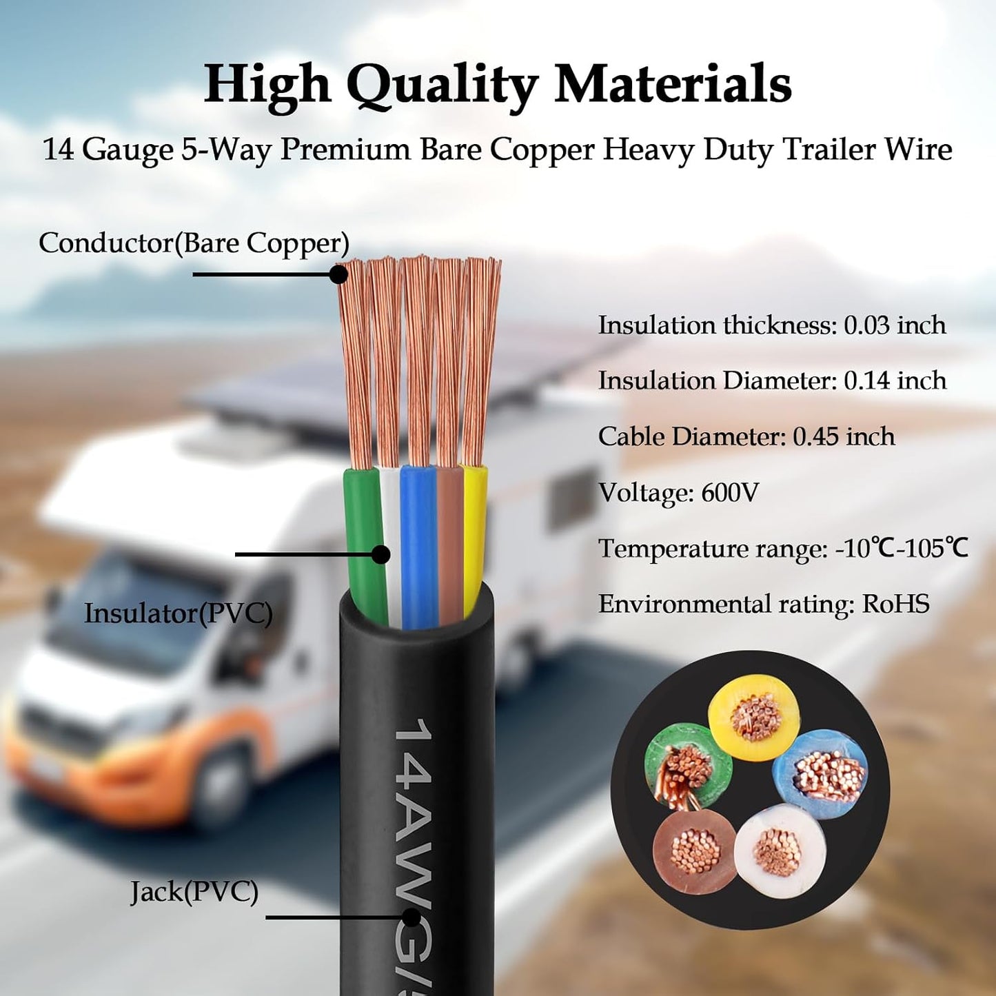 Cable remolque 5 vías 14/5 50ft cobre puro trabajo pesado