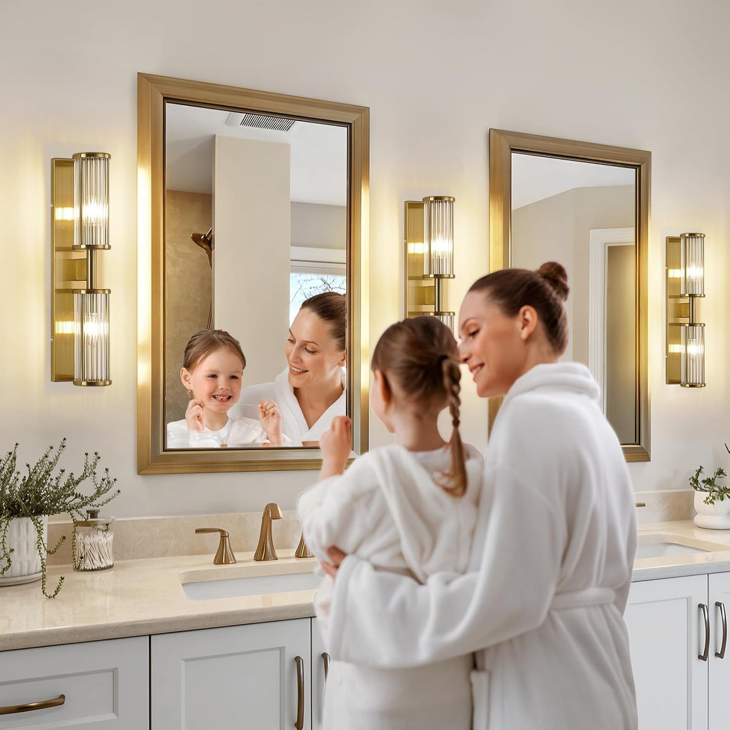 Lámpara pared 2 luces latón cepillado vidrio ajustable baño