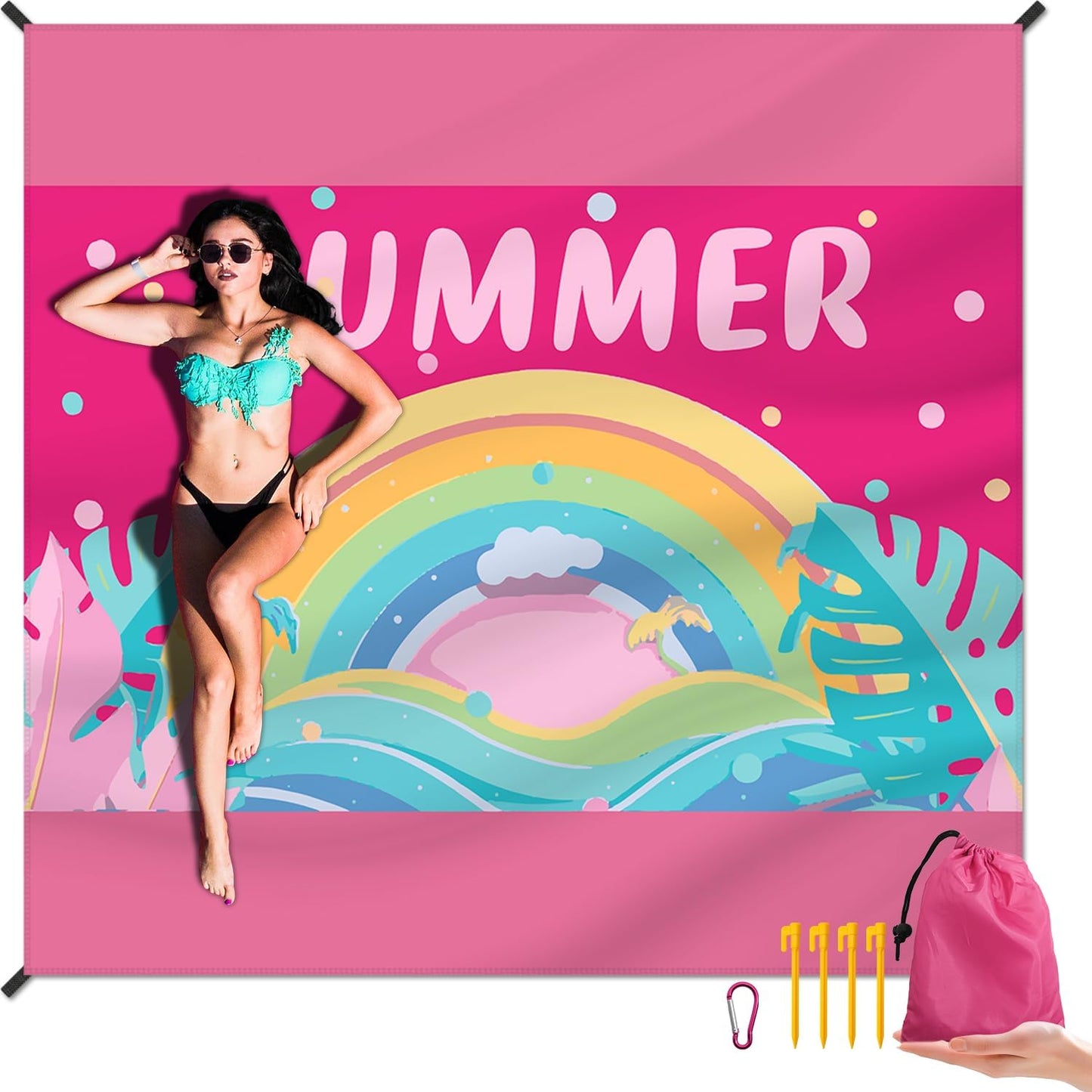 Manta playa impermeable 79x83pulg con estacas y bolsillos rosa