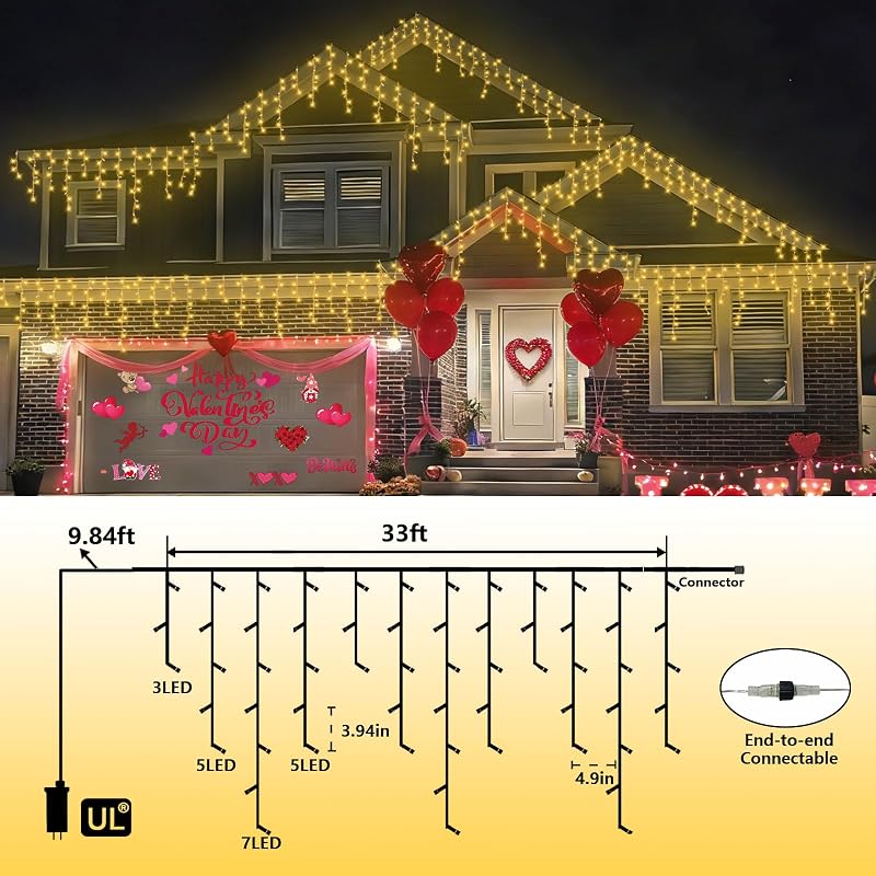 Luces Carámbano LED 33" 8 Modos Blanco Cálido