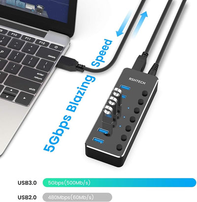 Hub USB 3.0 7 puertos aluminio 5V PC portátil negro