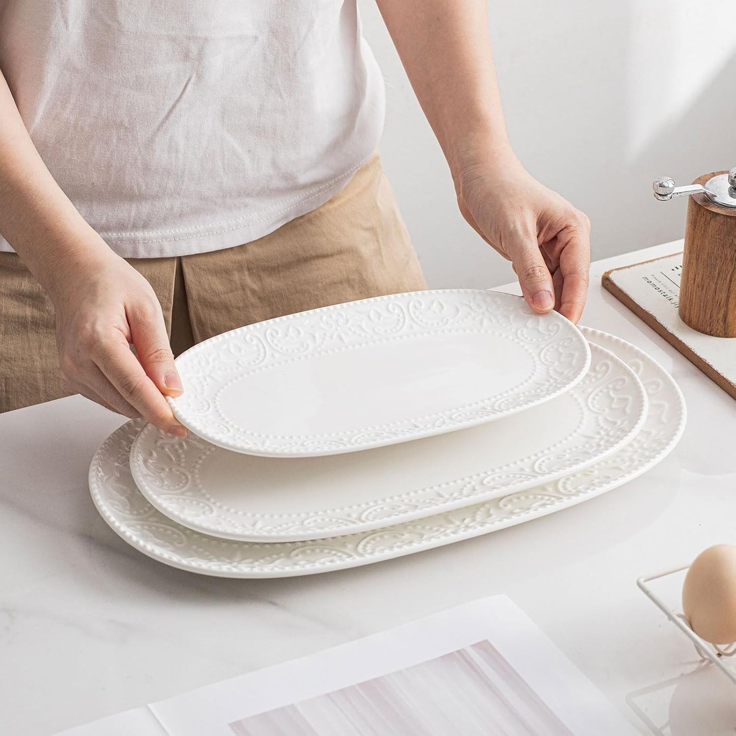 Set platos ovalados cerámica blanca apilable para servir