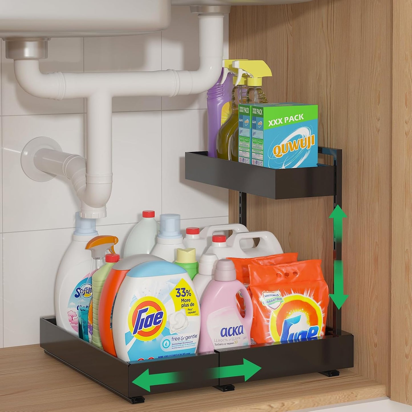Organiz. debajo fregadero 2 niveles ajustable cocina baño negro