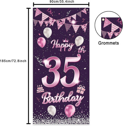 Cartel feliz cumpleaños 35 años globos confeti decoración puerta