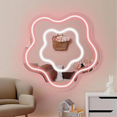 Letrero neón con espejo flores luces LED USB decoración hogar niñas