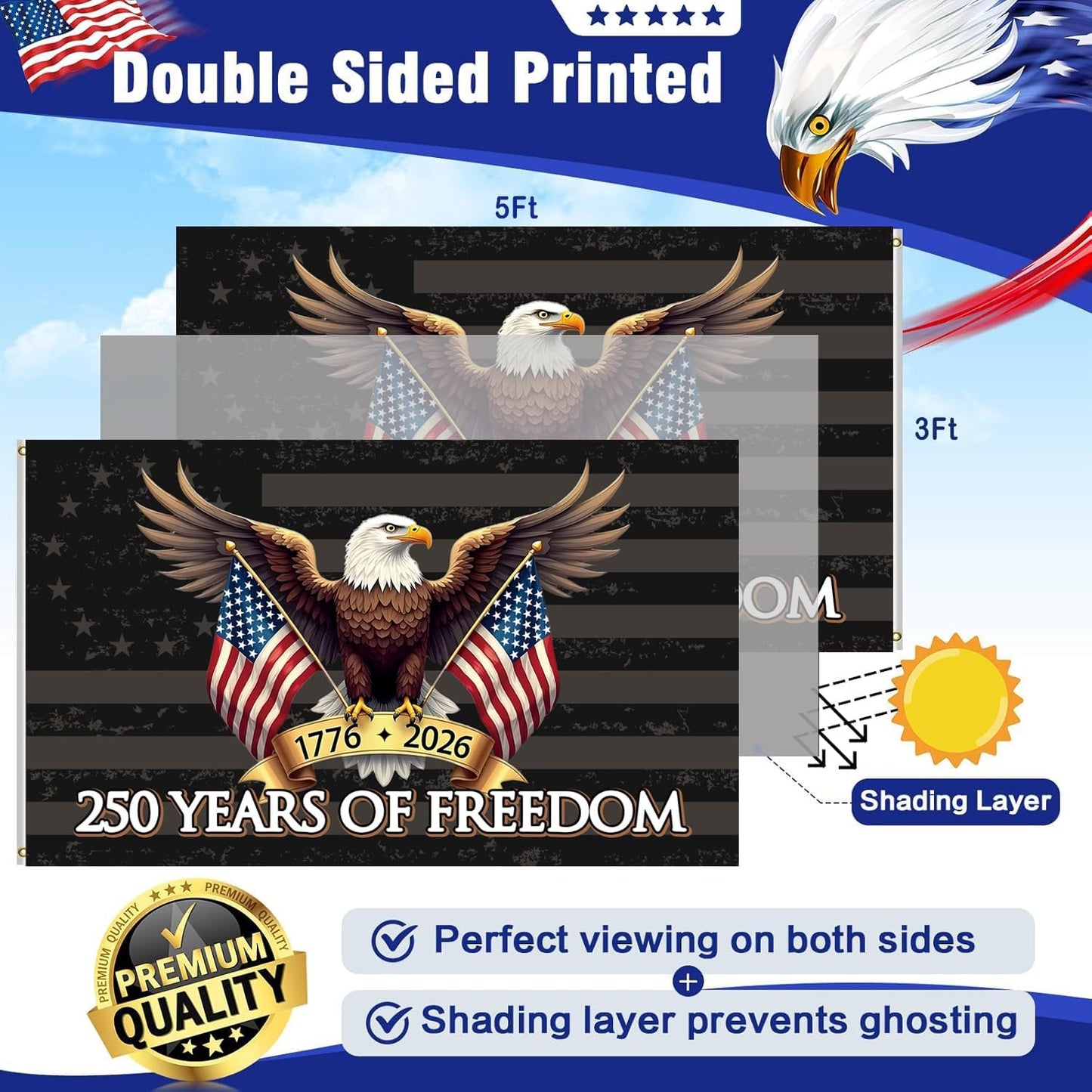 Bandera EE.UU. 250º Aniversario 3x5 Doble Cara Resistentes