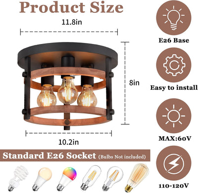 Lámpara techo madera 3 luces marco negro 12pulg rústica