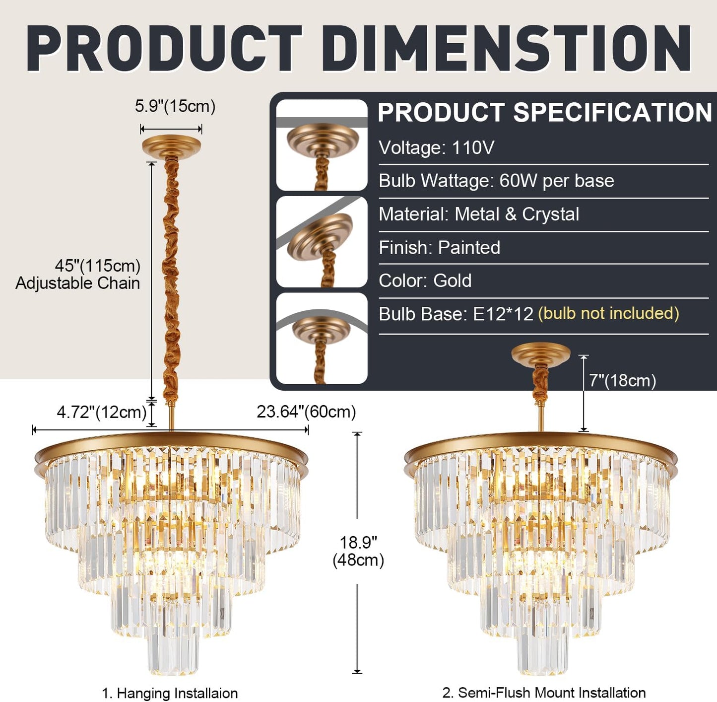 Candelabro cristal dorado 4 niveles 23.6pulg 12 luces