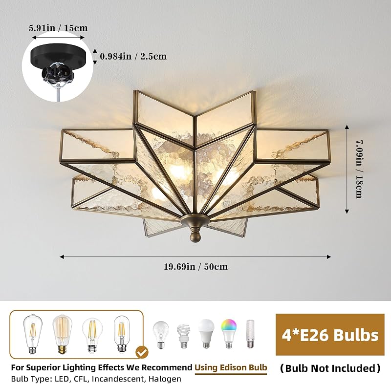 Lámpara techo estrella bronce negro 19.5" vidrio martillado