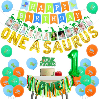 Decoración cumpleaños dinosaurio globos pancarta silla alta