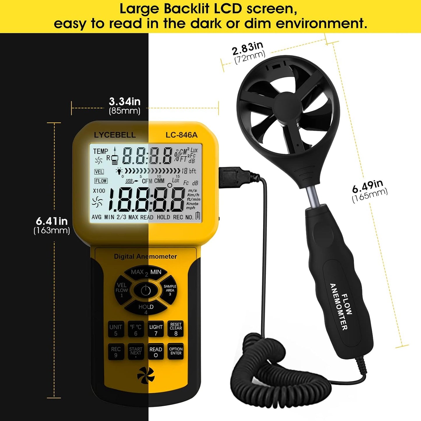 Anemometro HVAC Medidor CFM Velocidad Aire Con Luz