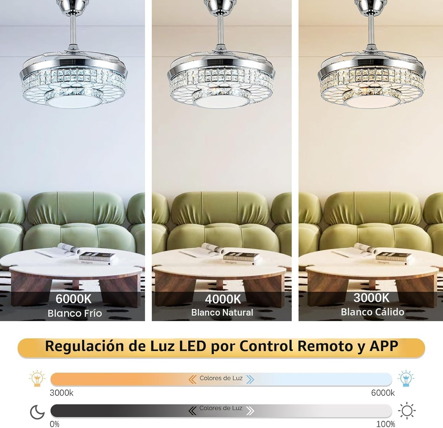 Ventilador techo retráctil 42pulg luces LED control remoto