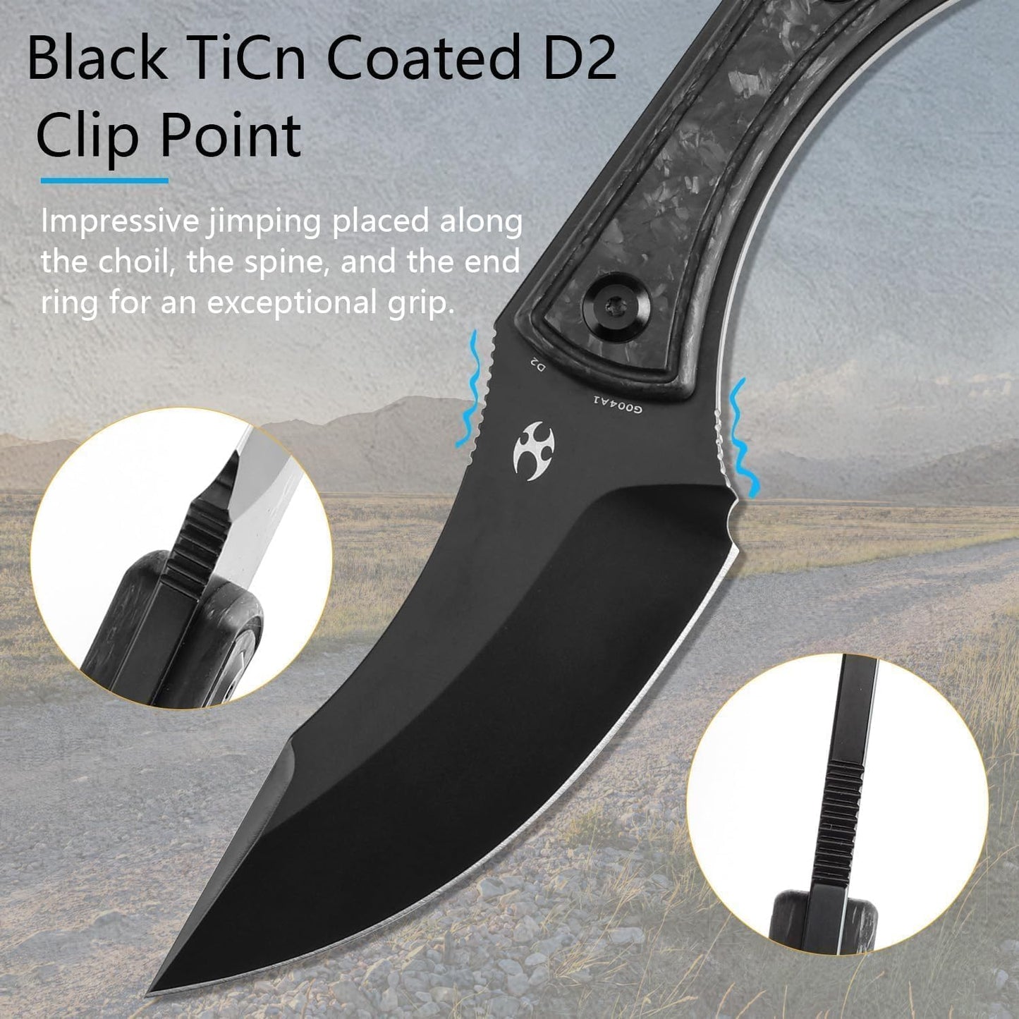 Cuchillo fijo D2 3.54pulg mango fibra carbono funda kydex