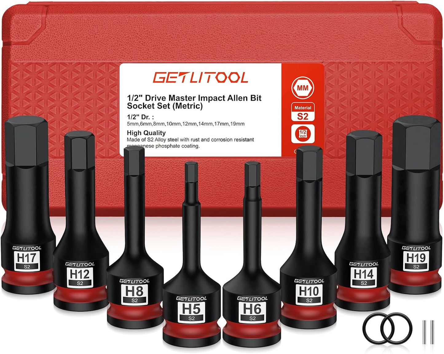 Set 8 llaves vaso hex impacto 1/2 pulg S2 acero con estuche