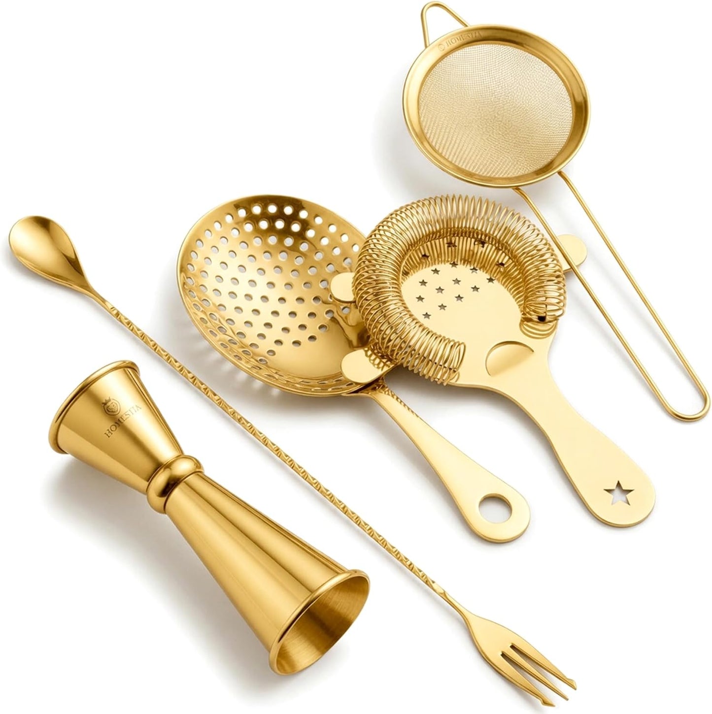 Set 5 Pzas Colador Acero Inox Dorado Jigger Cuchara Profesional