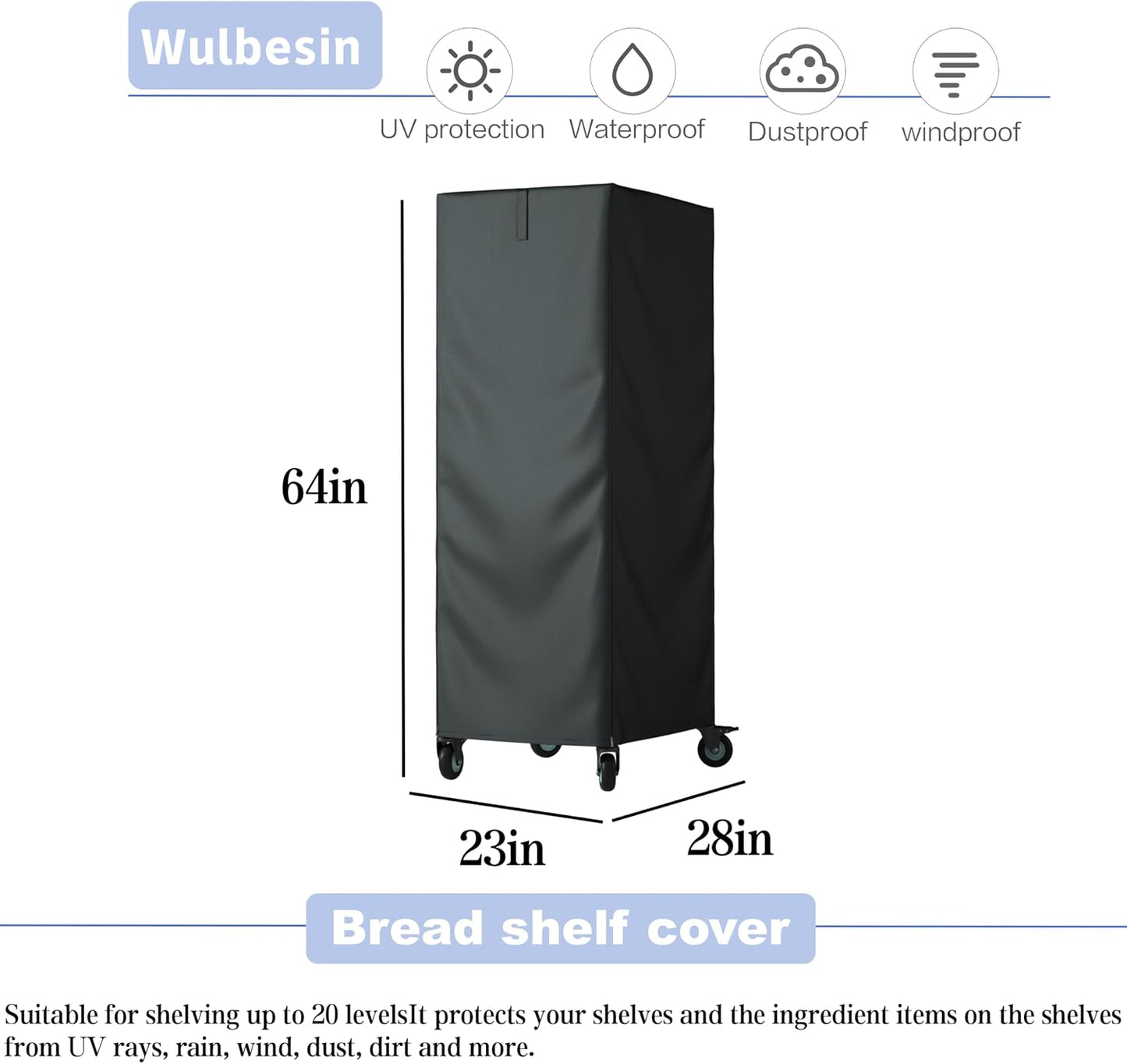 Funda estante pan 23x28x64pulg tela Oxford antipolvo cremallera