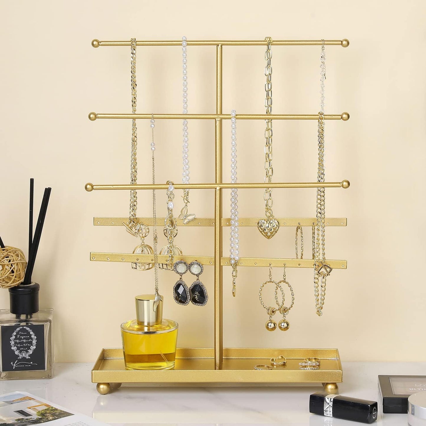 Soporte joyas metal dorado 5 niveles ganchos anillos