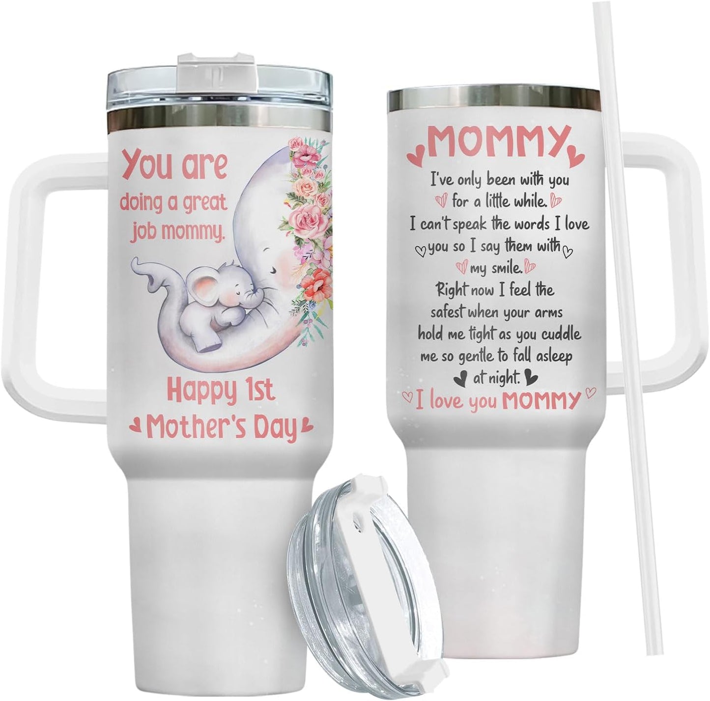 Vaso térmico acero inox asa pajita 40oz regalo mamá elefante