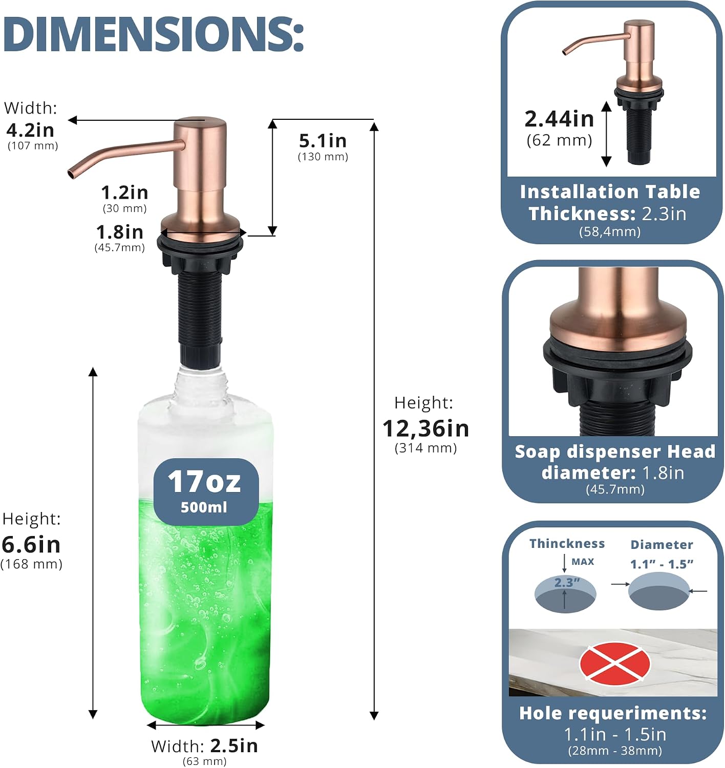 Dispensador jabón fregadero acero inox bomba bronce 17oz