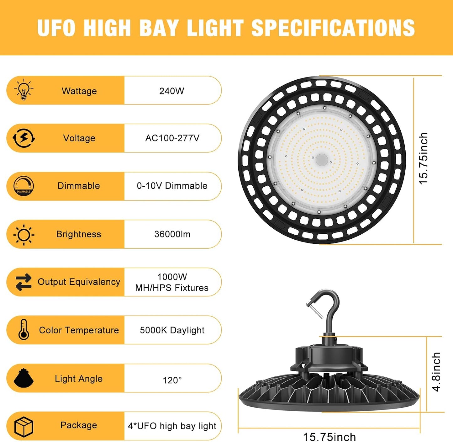Luz LED UFO 36000LM regulable 6pies enchufe EE.UU.