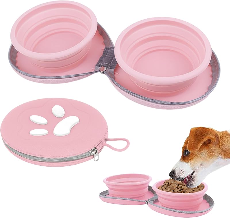 Cuencos plegables doble tazón para mascotas 25oz rosa