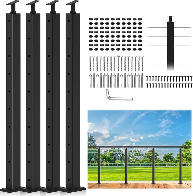 4 Postes Barandilla Cable Negro 36pulg Acero Inox T304