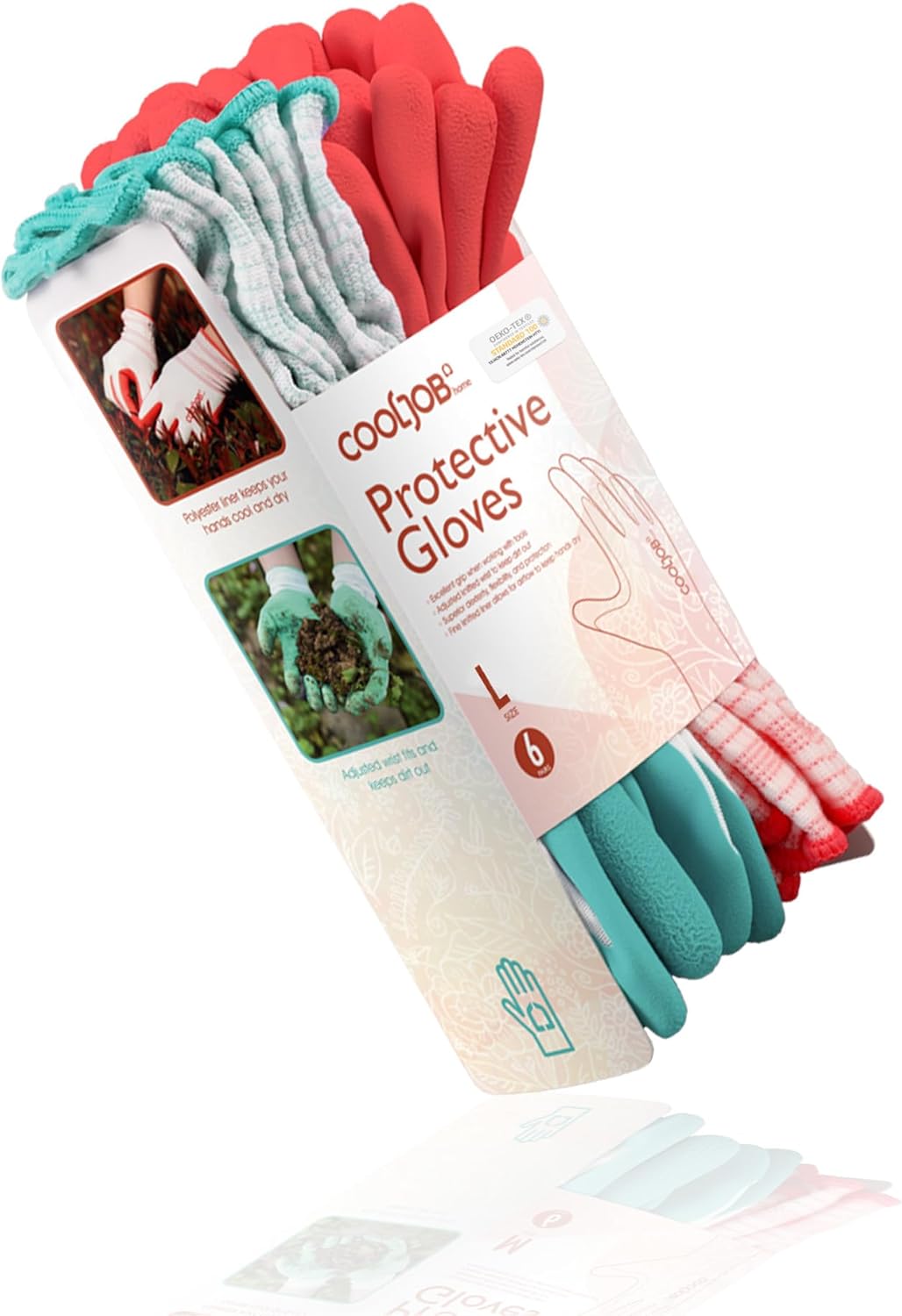 6 Pzas Guantes Jardinería Mujer Talla Grande Rojo y Verde